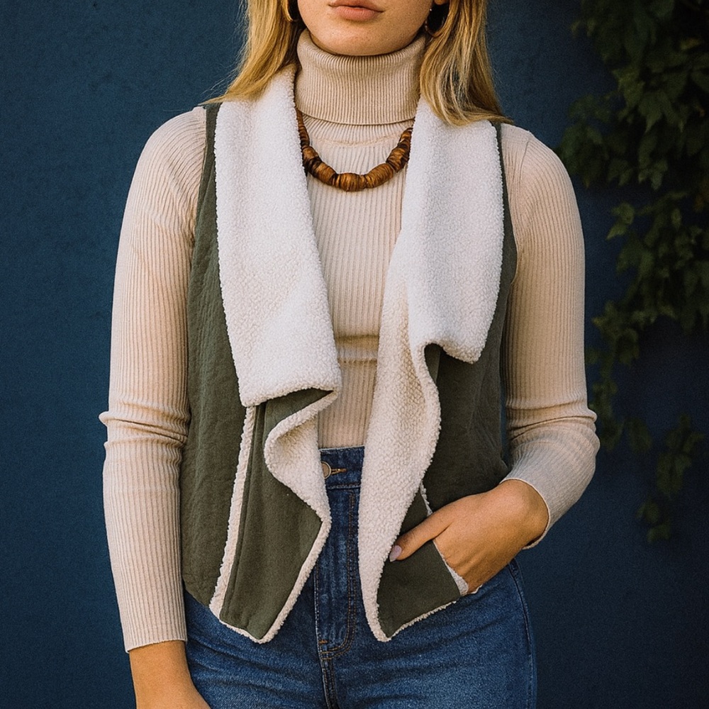 Anthropologie Saturday Sunday Quilted Sherpa Open Vest Olive Green Small